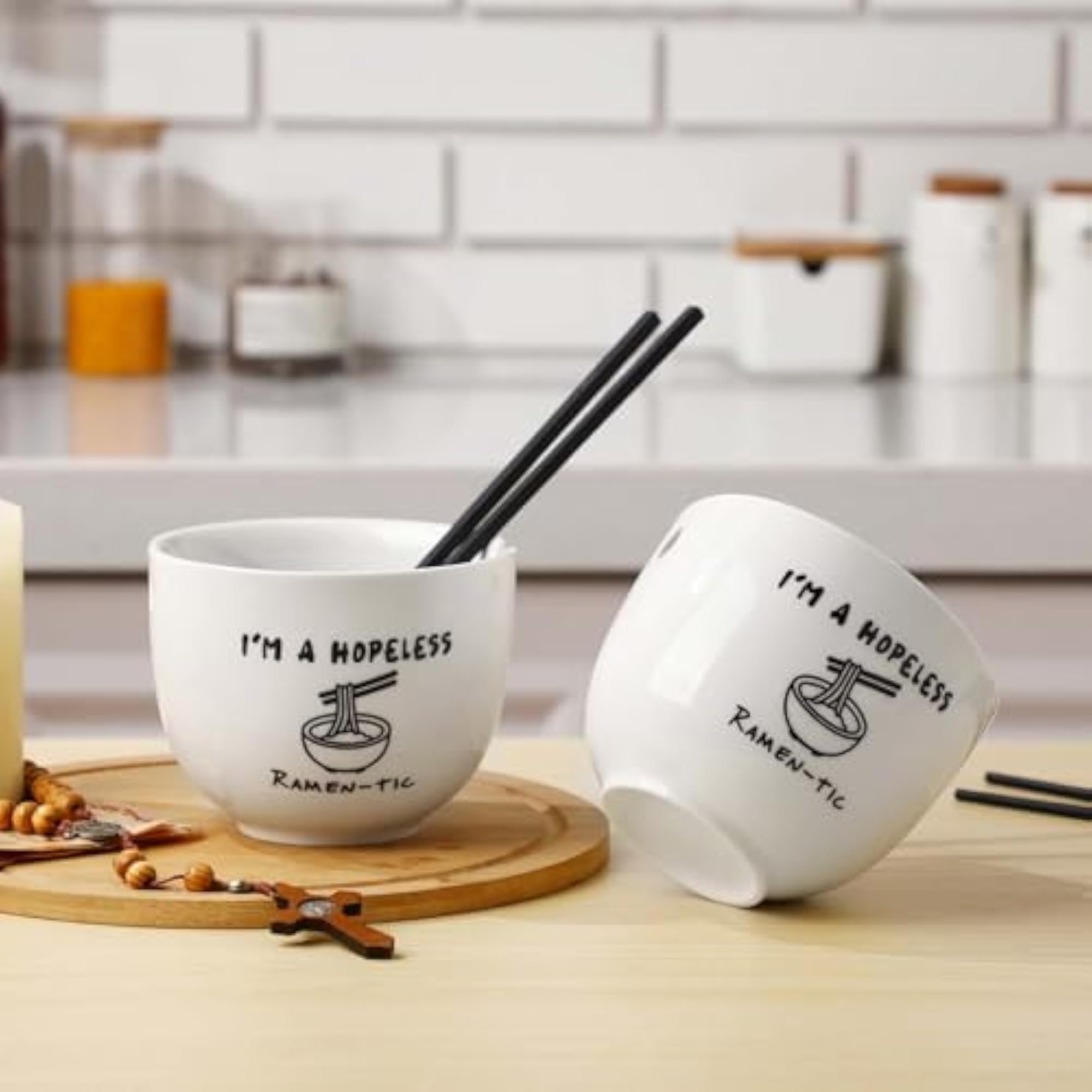 2 Pack Ceramic Ramen Bowls with Chopsticks, Stylish Design